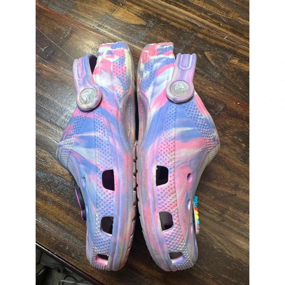 Crocs Classic Clog Kids J3 Pink Purple Blue Marble Swirl Clogs w/Jibbitz Junior